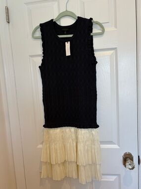 Women’s Navy Blue Knit Tank Dress with Cream Tiered Skirt.